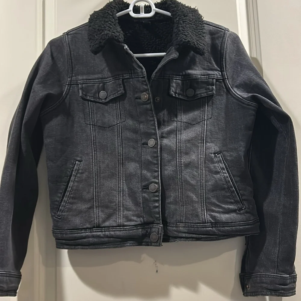 Art Class kid Sherpa lined black snap boxy denimJean jacket pockets size L 10/12